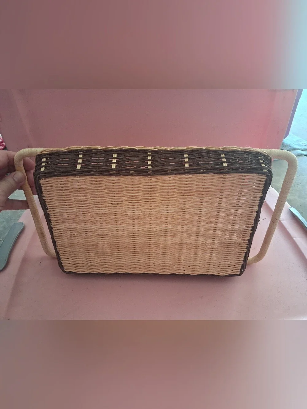 Woven Rectangular Serving Basket in Natural and Dark Brown